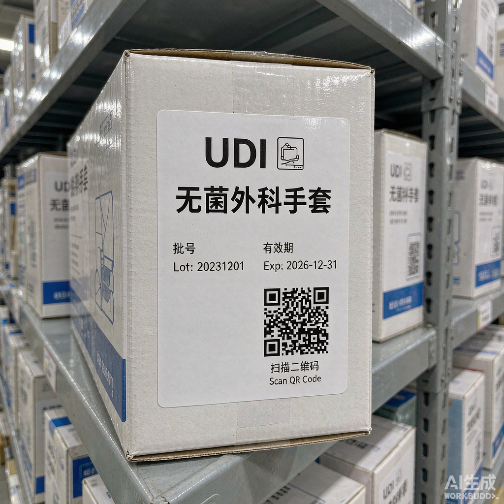 医疗器械包装盒上印有UDI标识与条码的合规标签特写