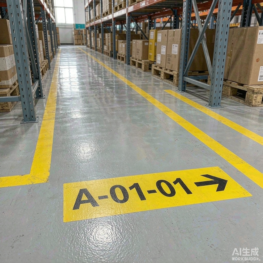 仓储库房地面通道标识线与货架区域入口的库位区域标识