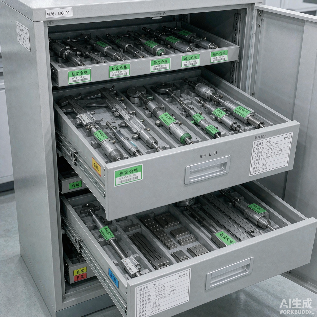 实验室计量器具管理柜中贴有检定合格标签的量具