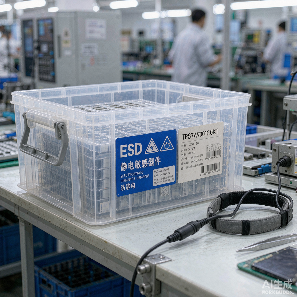电子车间工作台上贴有ESD防静电标签的器件周转盒