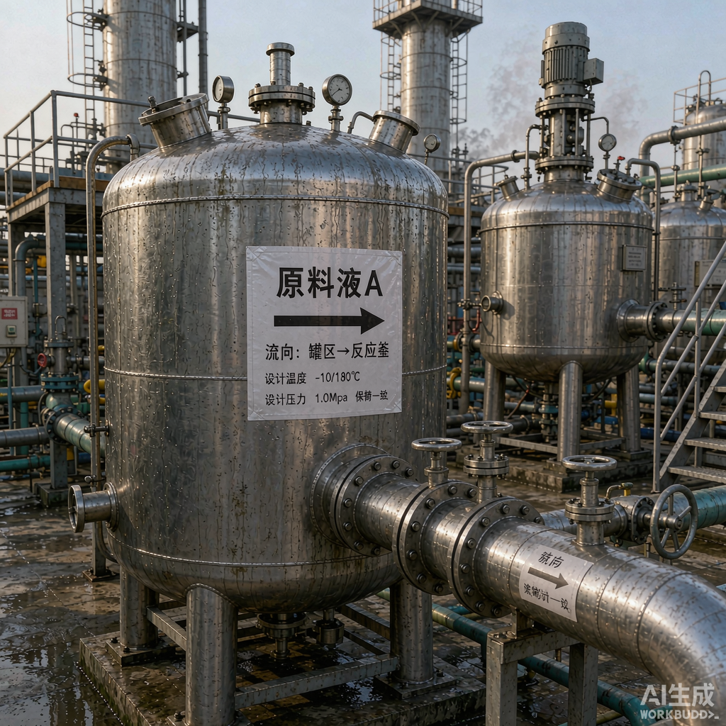 化工厂储罐外壁的介质标识标签与流向箭头标识