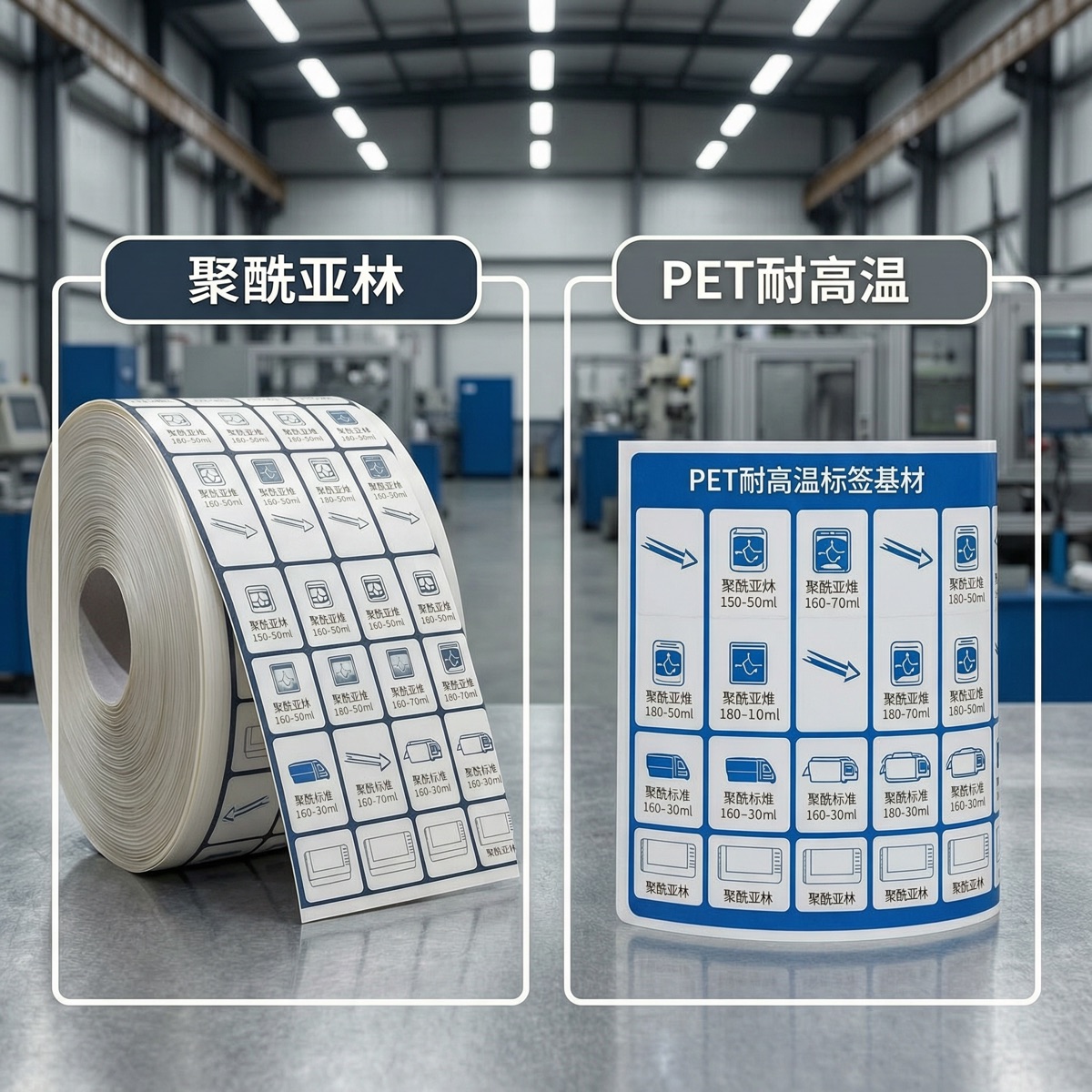 聚酰亚胺与PET耐高温标签基材对比展示